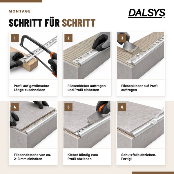Dalsys Logo. Montageanleitung in sechs Schritten zur Verlegung eines Fliesenprofils mit Zuschnitt, Kleberauftrag und Schutzfolienabzug.