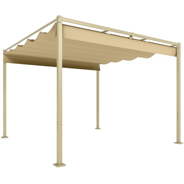 Freistehende Pergola mit ausziehbarem Textildach und Metallgestell.