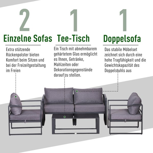 Outsunny Vierteiliges Gartenmöbel Set, Sitzgruppe, Sofa mit Sitzkissen, Tisch mit Stauraum, Polyester, Grau, 138 x 69 x 63 cm