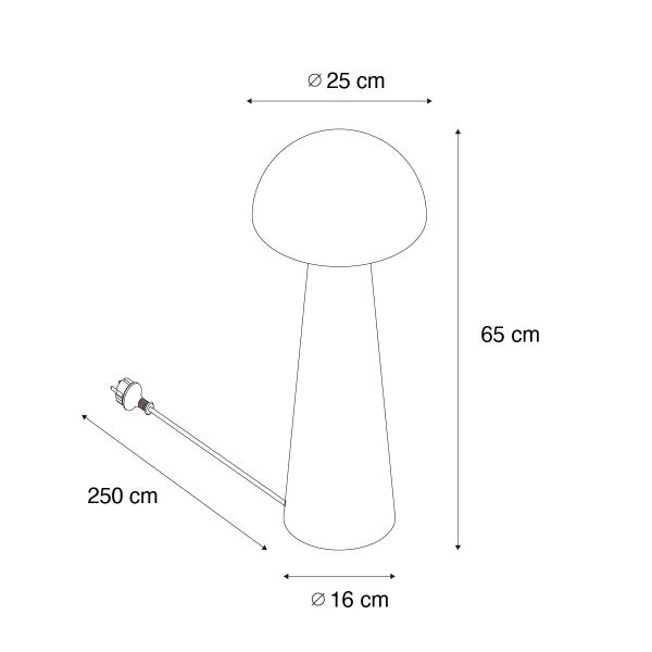 Maßzeichnung einer pilzförmigen Tischleuchte mit 65 Zentimeter Höhe, 25 Zentimeter Schirmdurchmesser und 250 Zentimeter Kabellänge.