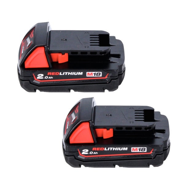 Zwei Milwaukee M18 18 Volt Redlithium Akkus mit 2,0 Amperestunden Kapazität.