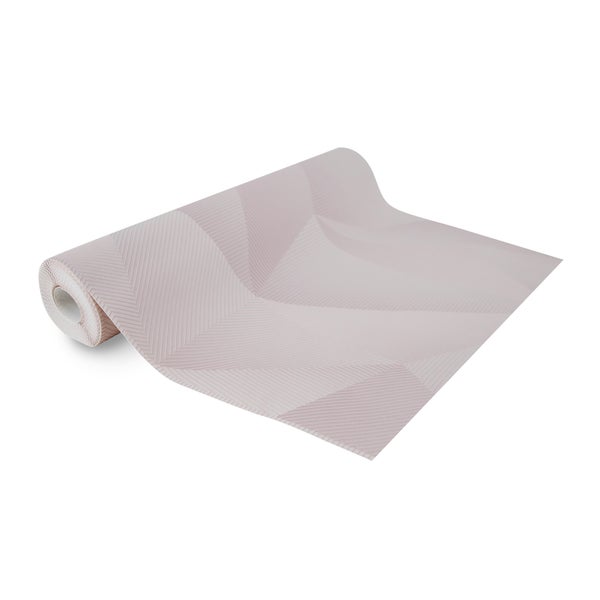 Teilweise ausgerollte Tapete mit einem geometrischen Linienmuster in Rosa.