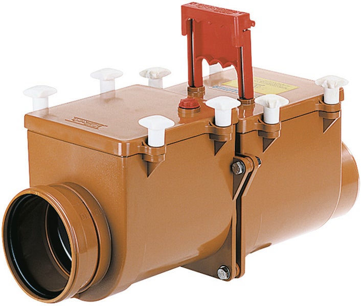 Rückstauverschluss mit Doppelverschluss und manuellem Notverschluss für Abwasserleitungen aus Kunststoff.