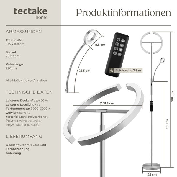 Produktinformationen zu einer Stehlampe mit Leselampe inklusive Fernbedienung und Maßangaben