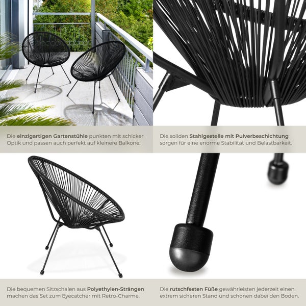 2er Set Gartenstuhl tectake Santana Belastbarkeit 120 kg, 70,5 x 69 x 78 cm Retro-Design im Acapulco-Stil schwarz