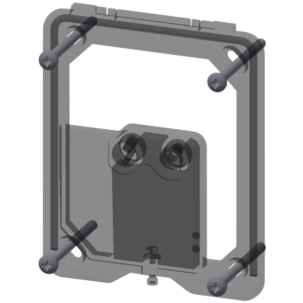 Rechteckige Montageplatte aus Kunststoff mit vier Befestigungsschrauben.