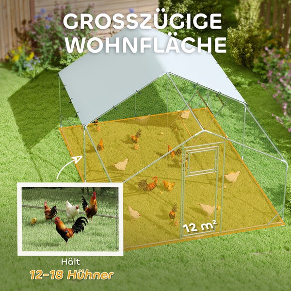 PawHut Hühnerstall Freilaufgehege aus Stahl, 300 x 400 x 195 cm Hühnerkäfig mit UV-beständiger Abdeckung, Futtertür, Hängefütterung, Sitzstange, Hühnergehege für 12-18 Hühner, Kleintiere, Silber
