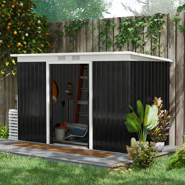 Outsunny Gerätehaus, Gartenhaus mit Schiebetür, Lüftungsfenster, Pultdach, Outdoor, 280 x 130 x 172 cm, Stahl, Dunkelgrau