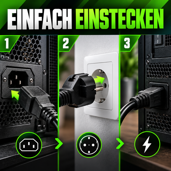Dreistufige Anleitung zum Anschließen eines elektrischen Geräts durch Einstecken des Netzkabels in das Gerät und die Steckdose.