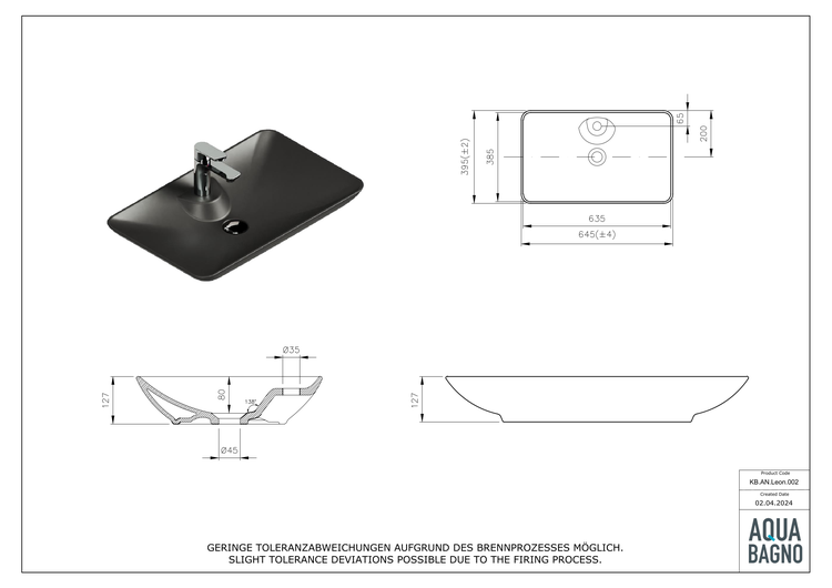 Aqua Bagno Leon – Aufsatzwaschbecken 64 cm – Keramik in Schwarz Matt – KB.AN.LEON.002
