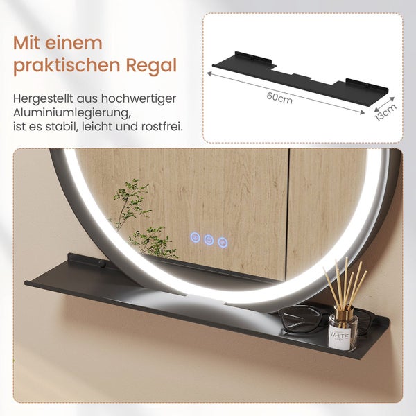 Runder LED Badezimmerspiegel mit integriertem Aluminiumregal 60 mal 13 Zentimeter zur praktischen Aufbewahrung von Badutensilien.