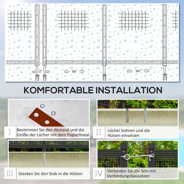 Outsunny Teichzaun, 4er Set Dekorative Gartenzaun mit Fuß Steckzaun für Terrasse, Balkon, Mesh, 365 x 126 cm, Aluminium, Netzstoff, Schwarz