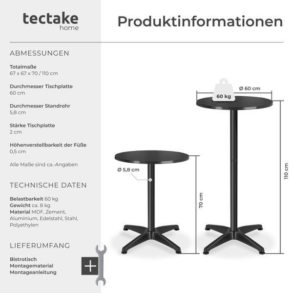 Technische Zeichnung eines verstellbaren Bistrotisches mit Abmessungen, Materialangaben und Lieferumfang des Tectake Home Logo Produkts.