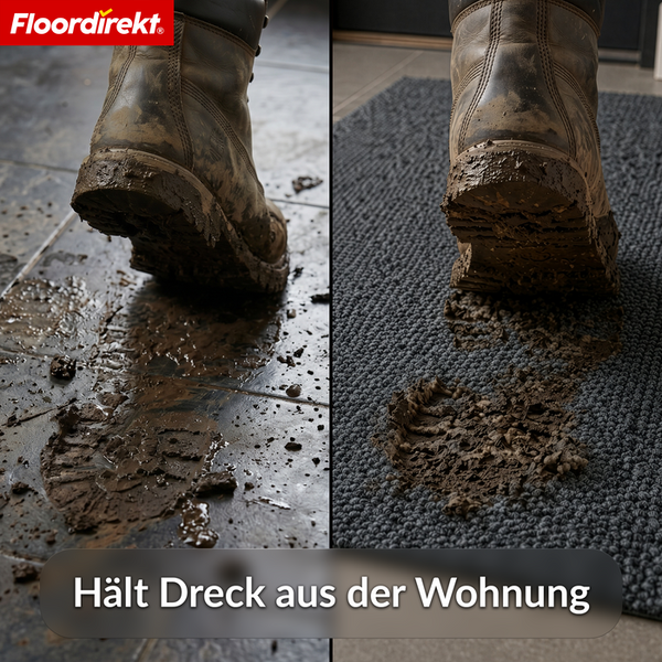 Schmutzfangmatte im Einsatz: Vergleich zwischen schlammigen Stiefeln auf Fliesenboden und einer schützenden Fußmatte. Floordirekt Logo.