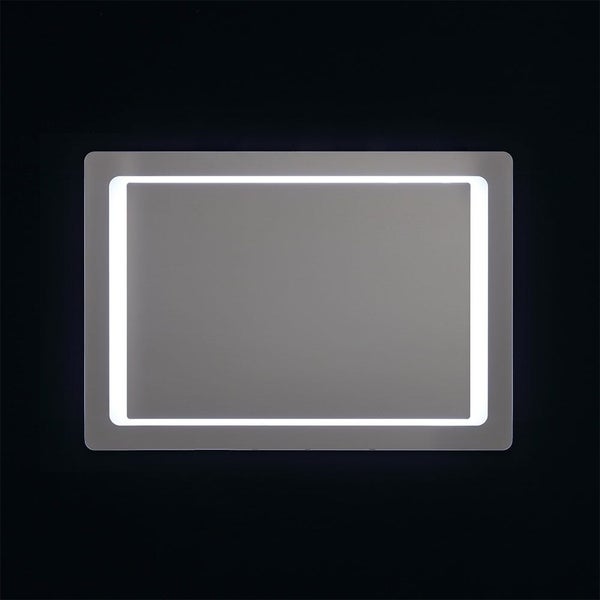 Rechteckiger Badezimmerspiegel mit abgerundeten Ecken und integriertem LED-Lichtrahmen.