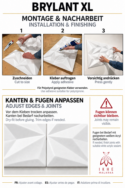 Montageanleitung für Brylant XL Wandpaneele: Zuschneiden, Kleber auftragen und Anbringen der Paneele mit Hinweisen zur Fugenbearbeitung.