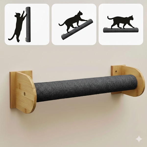 Wandmontierter Kratzstamm für Katzen aus Holz mit Sisalwicklung zur flexiblen Anbringung