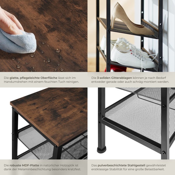 Detailansichten eines Schuhregals mit MDF-Platte in Holzoptik und pulverbeschichtetem Stahlgestell