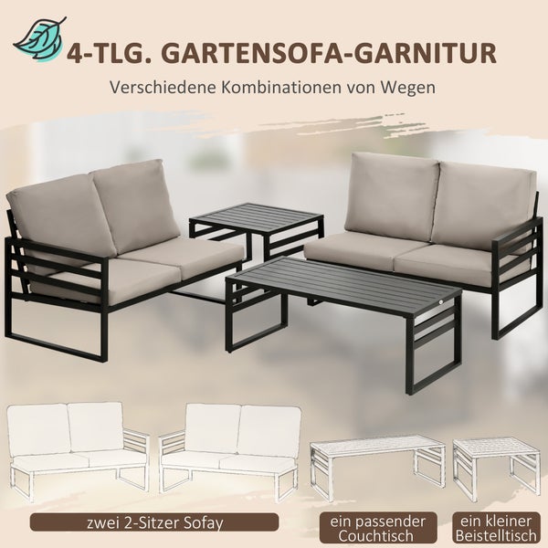 Outsunny 4-tlg. Gartenmöbel-Set, Gartenlounge-Set mit Sitzkissen, zwei Doppelsofas, 128L x 79B x 76,5H cm, Stahl, Hellgrau+Schwarz