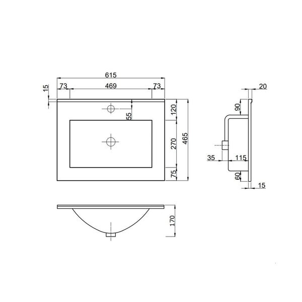 Technische Zeichnung eines Waschbeckens mit Maßangaben