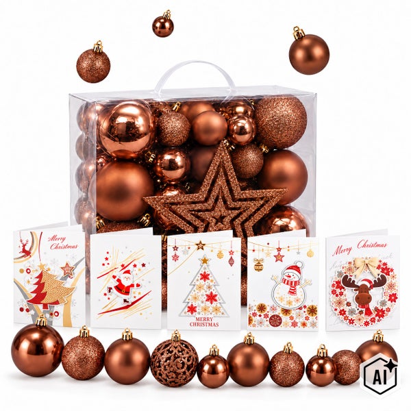 Weihnachtsbaumkugeln Set in verschiedenen Größen und Oberflächenstrukturen sowie fünf Weihnachtskarten in einer transparenten Aufbewahrungstasche.
