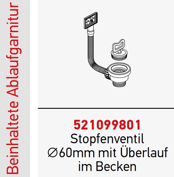 Stopfenventil mit einem Durchmesser von 60 Millimeter und mit Überlauf für ein Becken