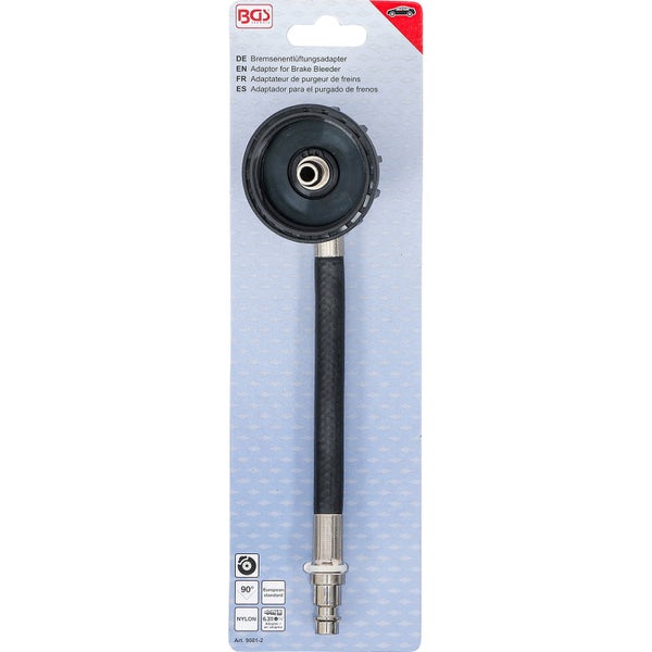 BGS Technic Bremsentlüftungsadapter mit Schlauch und Schnellkupplung in Verkaufsverpackung.