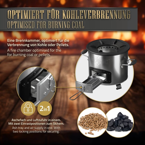 BBQ#BOSS Raketenofen mit 3-tlg. Gusseisen Pfannenset, Silber, Edelstahl Campingofen, Campingkocher Holz, Camping BBQ Holzofen zum Kochen, Outdoor-Küche Raketenherd Campinggrill Rocket Stove Dutch Oven