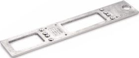 Rechteckige Montageplatte aus Metall für Türdrücker mit zwei Aussparungen und vorgebohrten Befestigungslöchern
