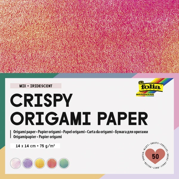 Crispy Origami Papier Mix Iridescent von folia BRINGMANN, 50 Blatt, 14 mal 14 Zentimeter, 75 Gramm pro Quadratmeter. folia BRINGMANN Logo.