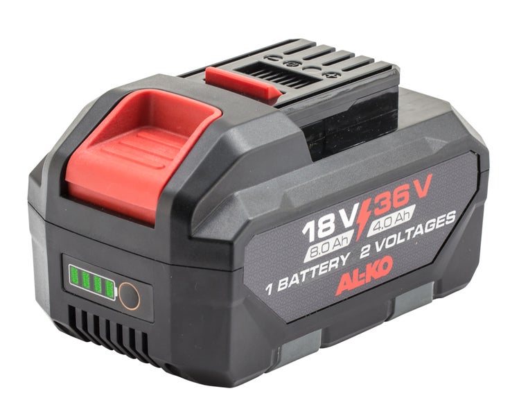 AL-KO Akku aus schwarzem Kunststoff für 18 Volt und 36 Volt, 8,0 oder 4,0 Amperestunden Kapazität, Ladestandsanzeige und AL-KO Logo.