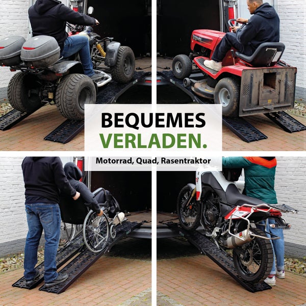 Schwarze Auffahrschienen beim Verladen eines Quads, Rasentraktors, Rollstuhls und Motorrads in einen Transporter.