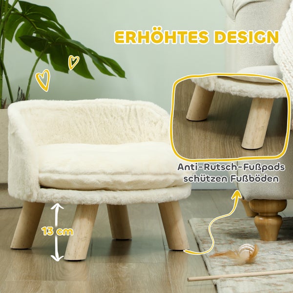 PawHut Katzensofa, Haustiersofa mit Kissen, Katzenbett, katzensessel Katzenhocker erhöhtes Haustierbett mit rutschfesten Holzfüße, Hundesofa, Indoor, Cremeweiß, 40,5 x 40,5 x 33 cm