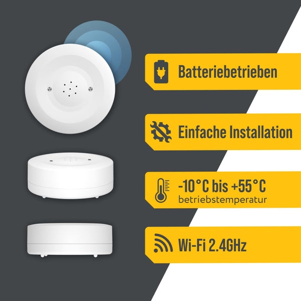 Weißer runder Sensor, batteriebetrieben, einfache Installation, Betriebstemperatur minus 10 bis plus 55 Grad Celsius, Wi-Fi 2.4 Gigahertz.
