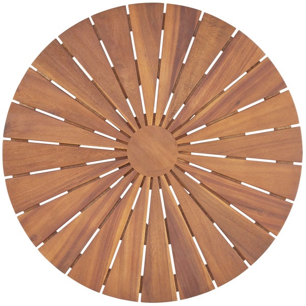 Runde Tischplatte aus Holz mit sternförmig angeordneten Lamellen.