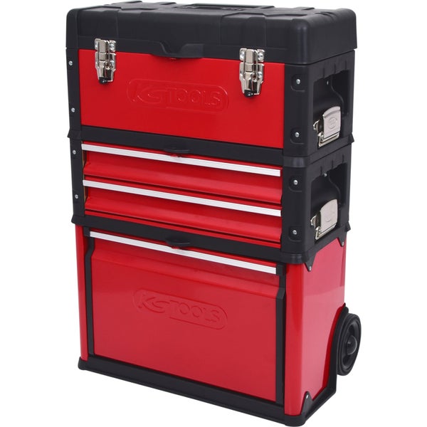 KS TOOLS Modularer Werkzeugtrolley mit drei Elementen, zwei Schubladen und Rollen. Rote und schwarze Metall- und Kunststoffkonstruktion.