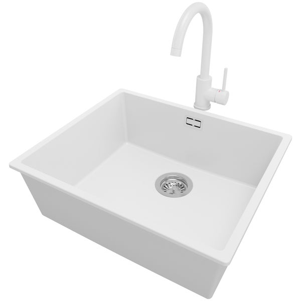 PRIMAGRAN Unterbauspüle Granit Weiß 56x47cm, Spülbecken 1 Becken + Küchenarmatur 32x20cm + Ablauf-Set, Granitspüle ab 60er Unterschrank - London