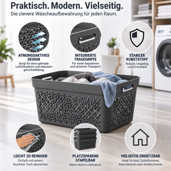 Wäschekorb aus Kunststoff mit Belüftungsmuster, integrierten Tragegriffen, stapelbar und pflegeleicht für Haushalt und Badezimmer.