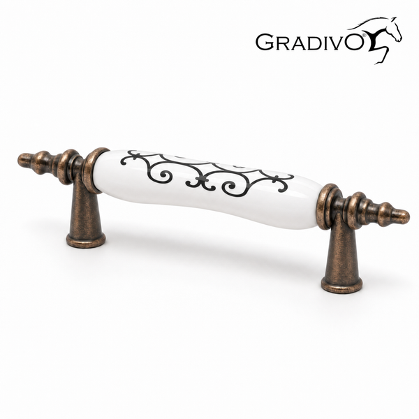 Möbelgriff aus Metall in Bronze-Optik und weißer Keramik mit schwarzem Muster, Gradivo Logo