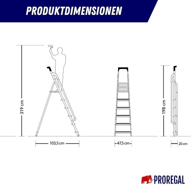 PROREGAL Stufenstehleiter ATLAS mit Werkzeugablage & Handlauf Einseitig Begehbar 6 Stufen Arbeitshöhe 3,19 m Traglast 150 kg