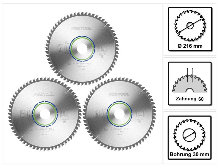 Festool Spezial Kreissägeblatt Set 3x HW 216 x 30 x 2,3 mm W60 ( 3x 491051 ) 216 mm 60 Zähne