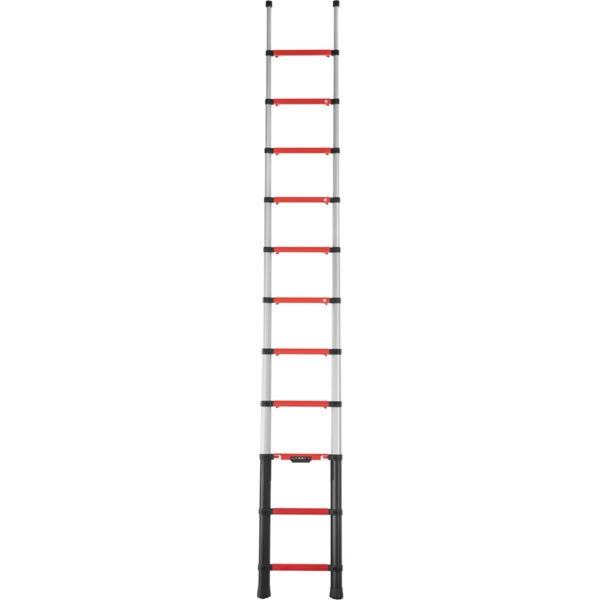 Teleskopleiter aus Aluminium mit 11 roten Sprossen und schwarzen Standfüßen.