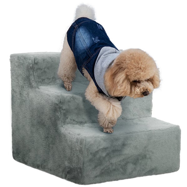 PawHut Hundetreppe 3-stufig, 35 cm Katzentreppe für Bett und Sofa, Haustiertreppe für Hunde und Katzen bis 5 kg, Plüschoptik, Hellgrau