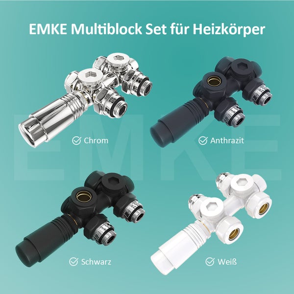 EMKE Heizkörperthermostat Multiblock-Set – Anschlussarmatur mit Thermostat für Heizkörper und Handtuchtrockner, Heizungszubehör in Eck- und Durchgangsform φ16 φ15xG1/2, Weiß