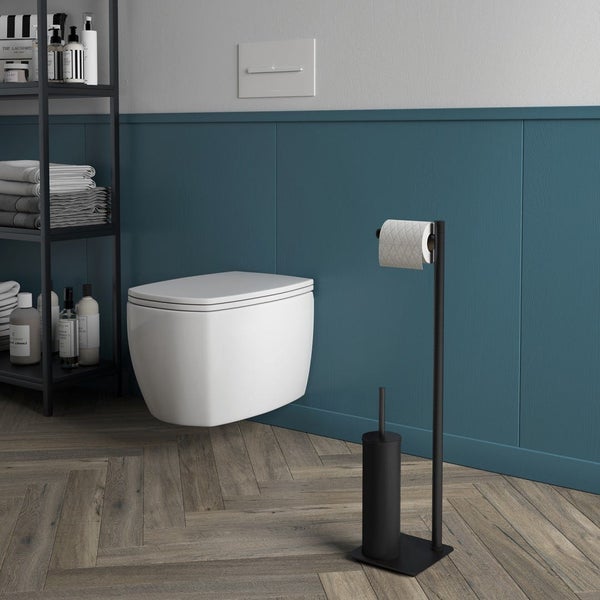 Schwarze freistehende Toilettenbürstengarnitur mit Papierrollenhalter | Re
