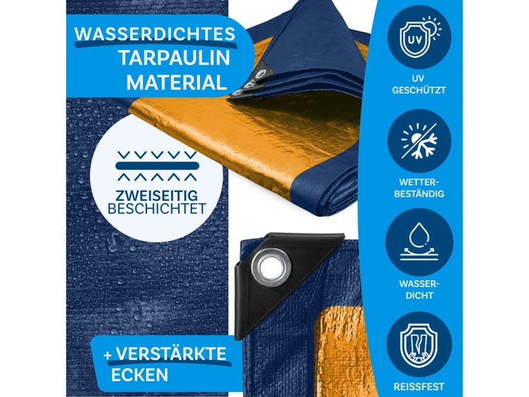 FLOORDIREKT Abdeckplane - Wasserdichte Plane - mit Ösen - Schutzplane - 80 g/m² - 8 x 14 m - Blau-Orange