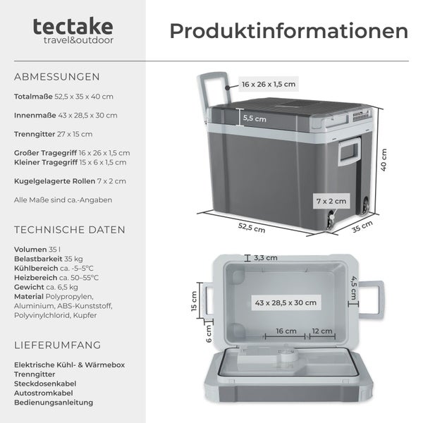 Infografik für tectake elektrische Kühlbox und Wärmebox mit 35 Litern Volumen, Maßen, technischen Daten und Lieferumfang.