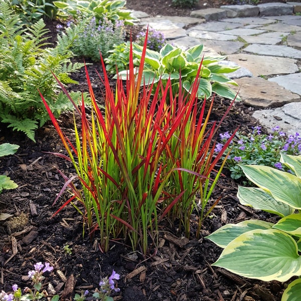 Japanisches Blutgras Red Baron mit grün-roten Blättern in einem Gartenbeet mit Mulch, Farnen und Funkien.