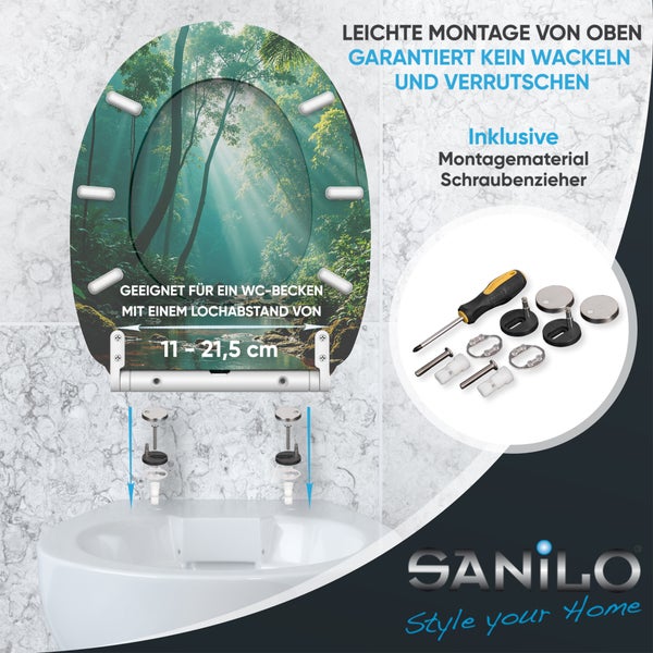 Toilettensitz mit Waldmotiv und Befestigungsmaterial auf einem WC-Becken