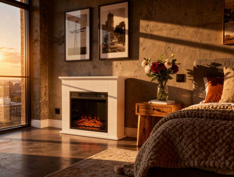 Wohnzimmer mit Elektrokamin, Bett und großem Fenster mit Stadtblick